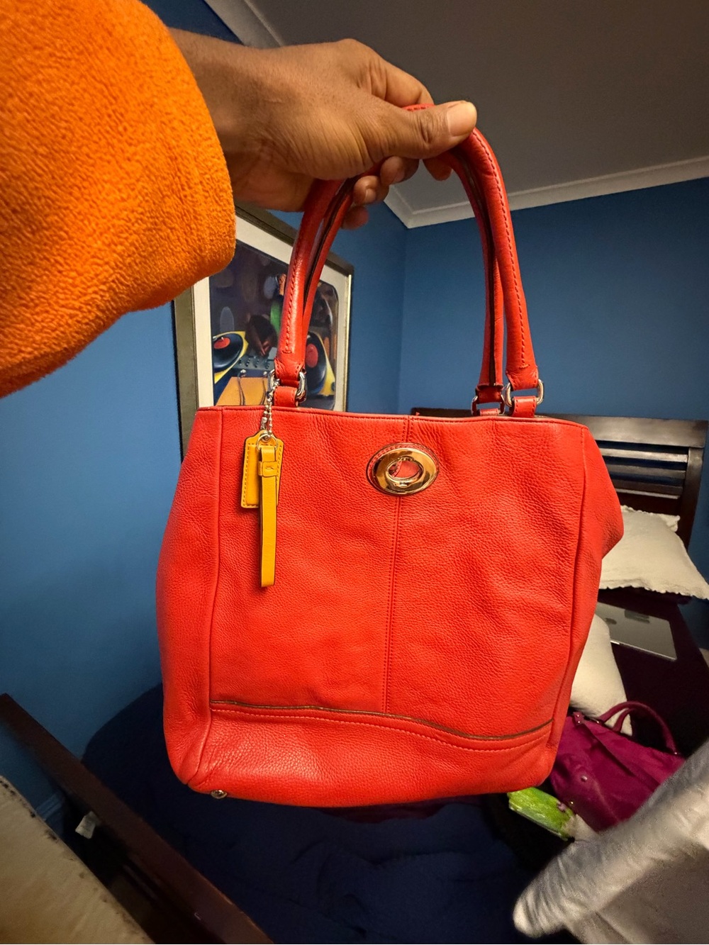 Red Leather Tote Handbag with Gold Accent